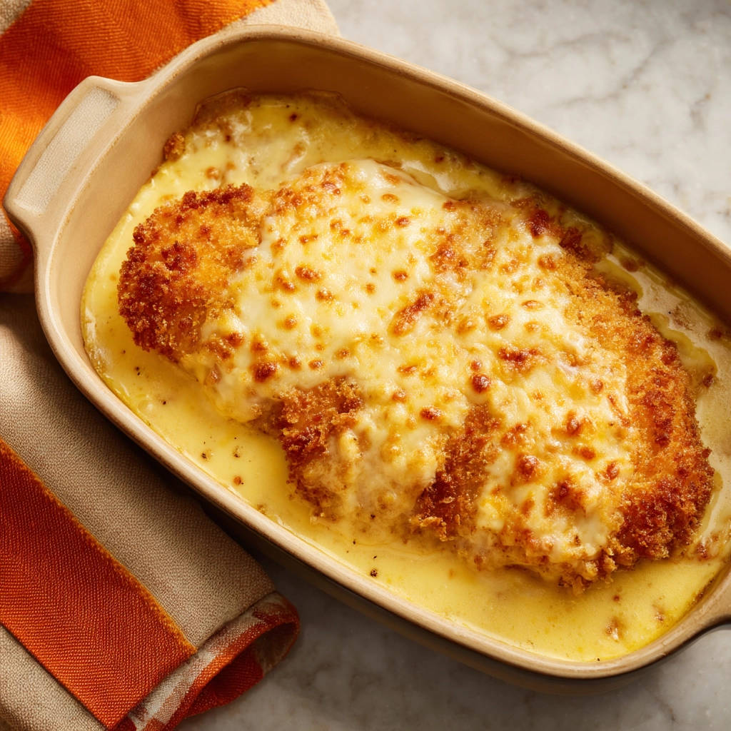 Knuspriges Hähnchen in cremiger Sauce überbacken, nahaufnahme der goldbraunen Panade und geschmolzenen Käses in einer Auflaufform.