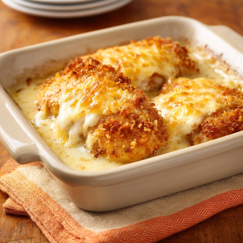 Knuspriges Hähnchen in cremiger Sauce überbacken, mit geschmolzenem Käse bedeckt und goldbrauner Panade in einer Auflaufform.
