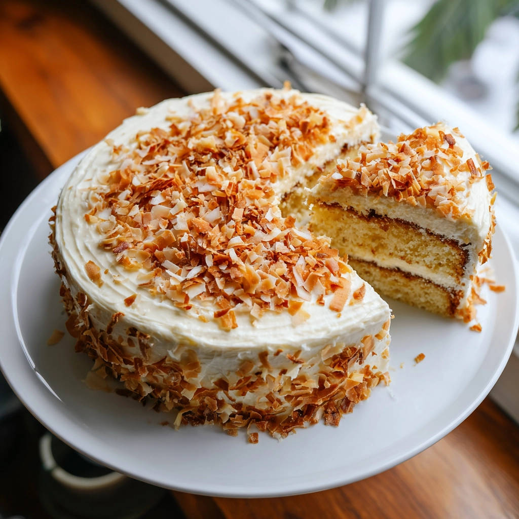 Saftige Kokos-Sahne-Torte angeschnitten auf einem Teller mit Kokosflocken bestreut, zeigt die cremige Schicht im Inneren.