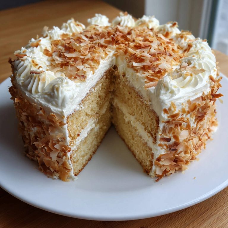 Saftige Kokos-Sahne-Torte angeschnitten, mit üppiger Sahnehaube und gerösteten Kokosflocken bestreut.