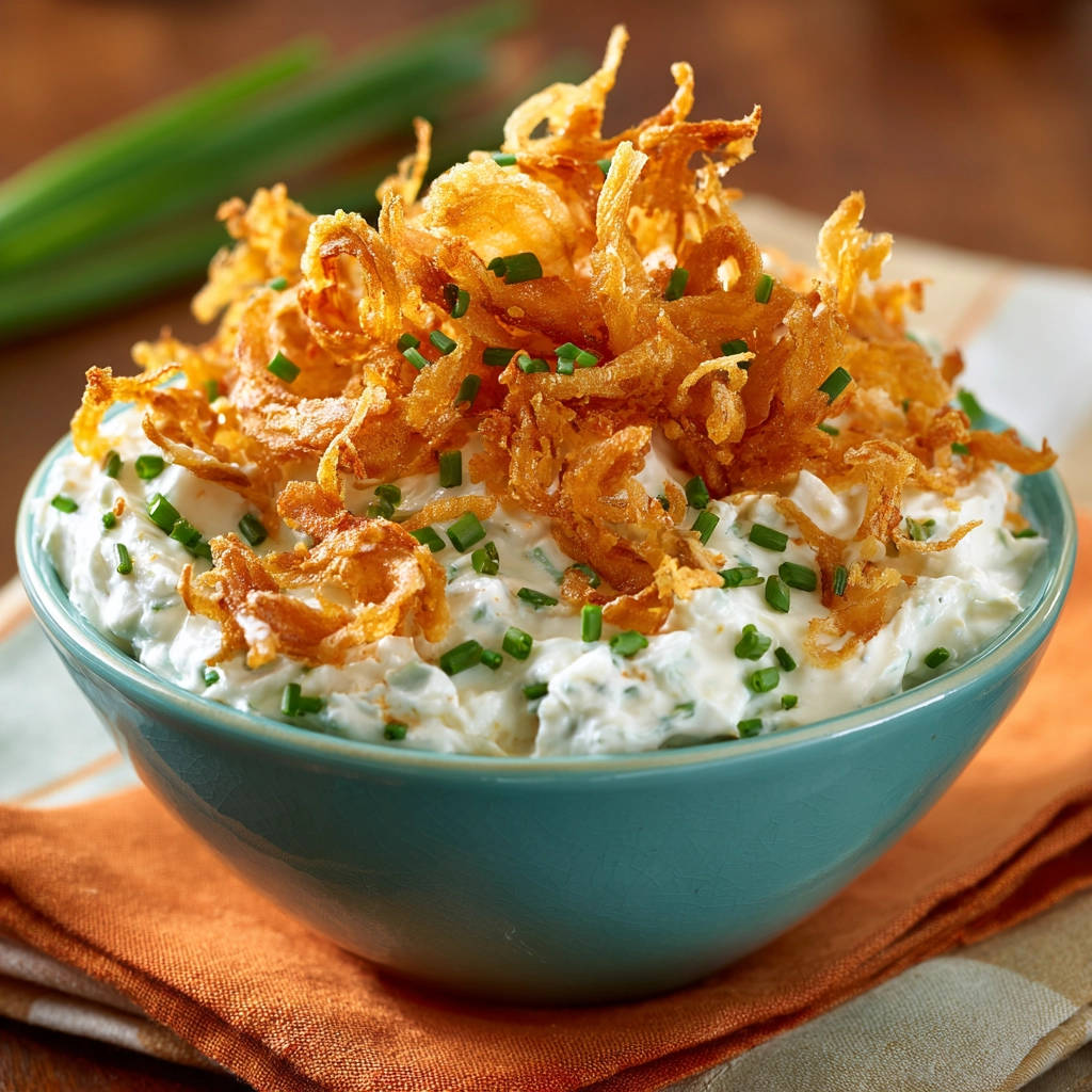 Kräuter-Dip mit hausgemachten Röstzwiebeln, eine Nahaufnahme des cremigen Dips mit frischen Kräutern und knusprigen Zwiebeln garniert.
