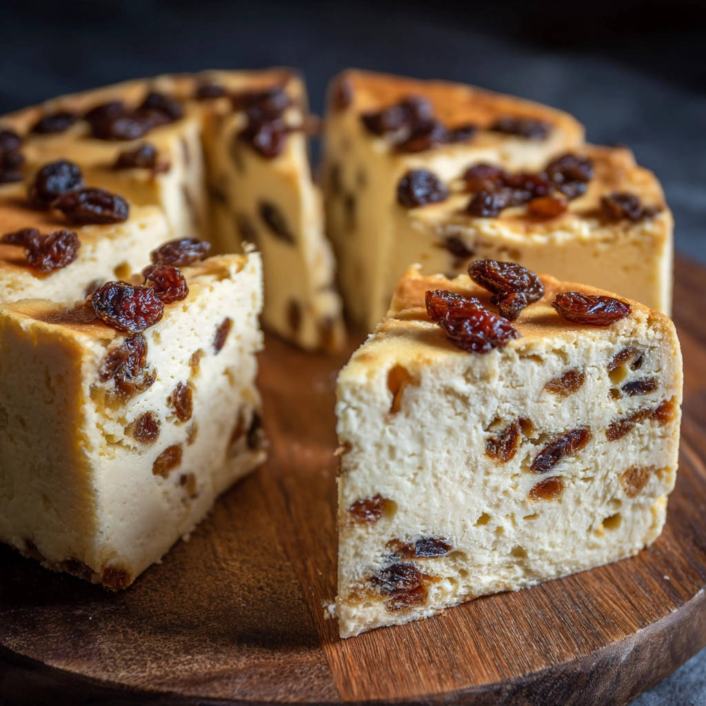 Käsekuchen mit Rosinen, angeschnitten, zeigt die cremige Konsistenz und Rosinen im Inneren auf einem Holzbrett.