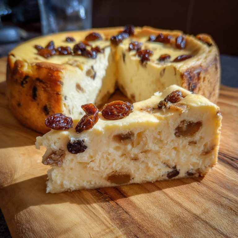 Käsekuchen mit Rosinen, angeschnitten und mit Rosinen garniert, auf einem Holzbrett serviert