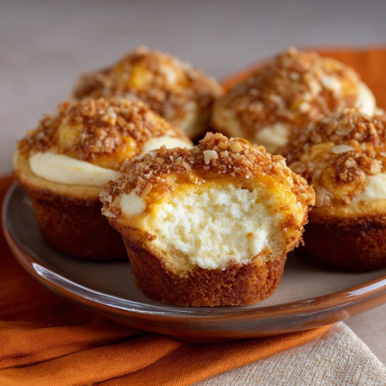 Käsekuchen-Muffins mit Streuseln, angeschnitten, um das cremige Innere und den saftigen Boden zu zeigen.