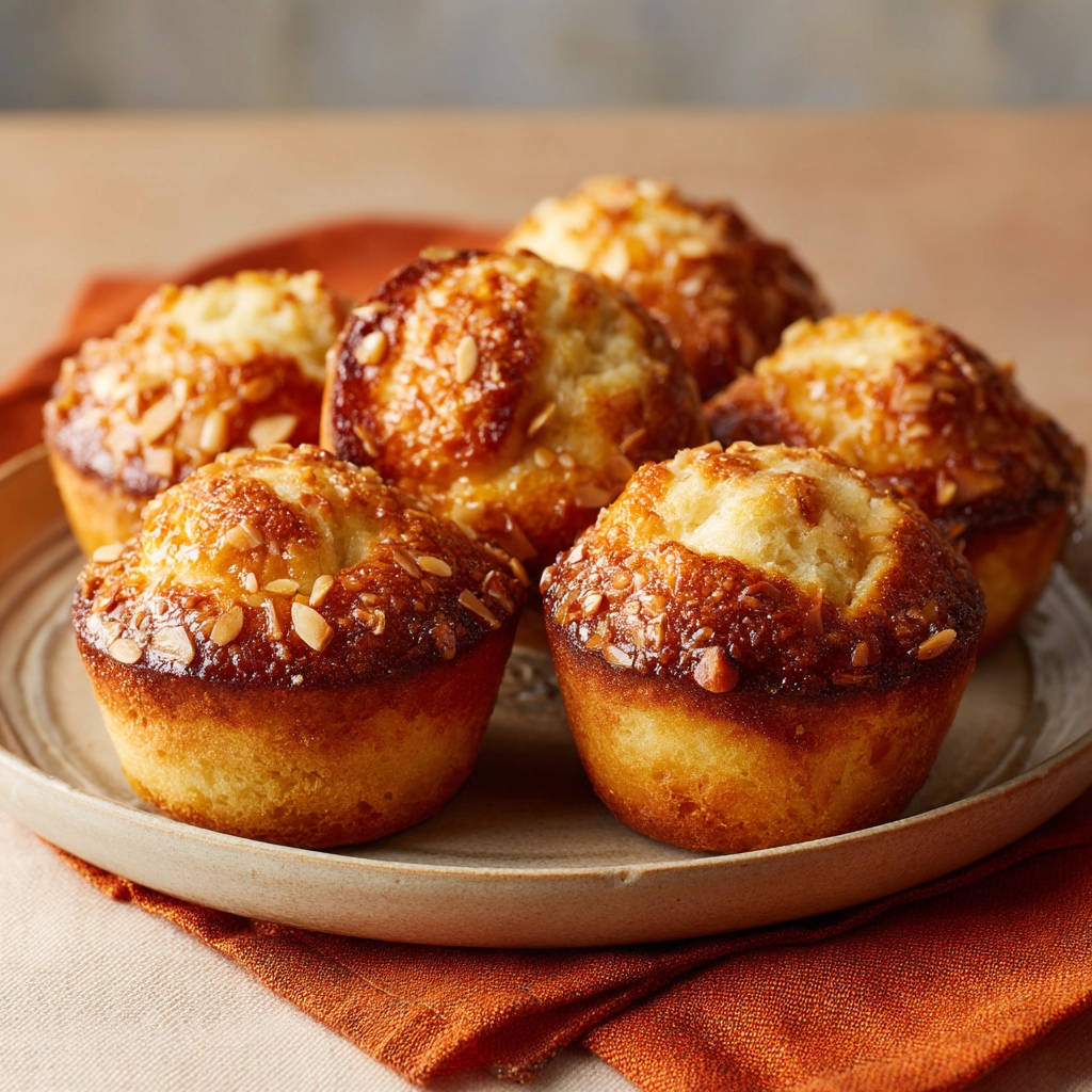 Käsekuchen-Muffins mit Streuseln, sechs goldbraune Muffins mit Mandelstreuseln auf einem Teller, detailreiche Nahaufnahme