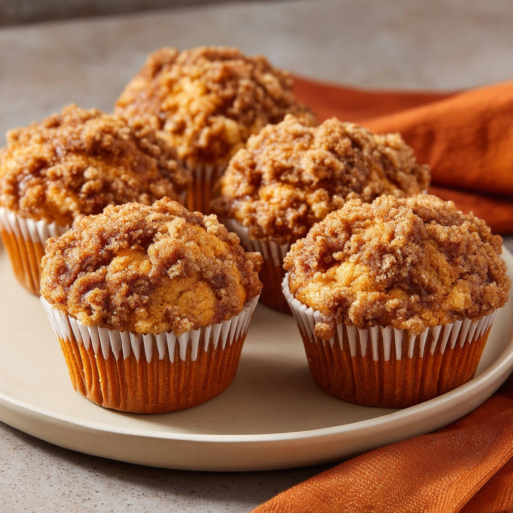 Kürbis-Streusel-Muffins mit knuspriger Streuselkruste auf einem Teller, Nahaufnahme der Textur.