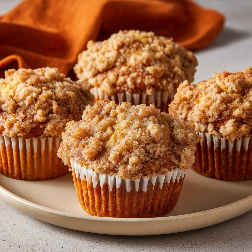 Kürbis-Streusel-Muffins auf einem Teller mit Streuseldecke, nahaufnahme im Vordergrund