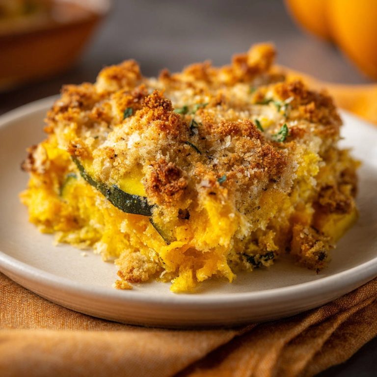 Kürbis-Zucchini-Gratin mit garantiert knuspriger Kruste, serviert auf einem Teller in einer Nahaufnahme.