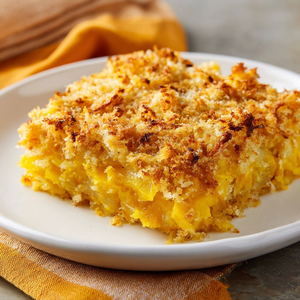 Kürbis-Zucchini-Gratin mit knuspriger Kruste, nah aufgenommen auf einem weißen Teller.