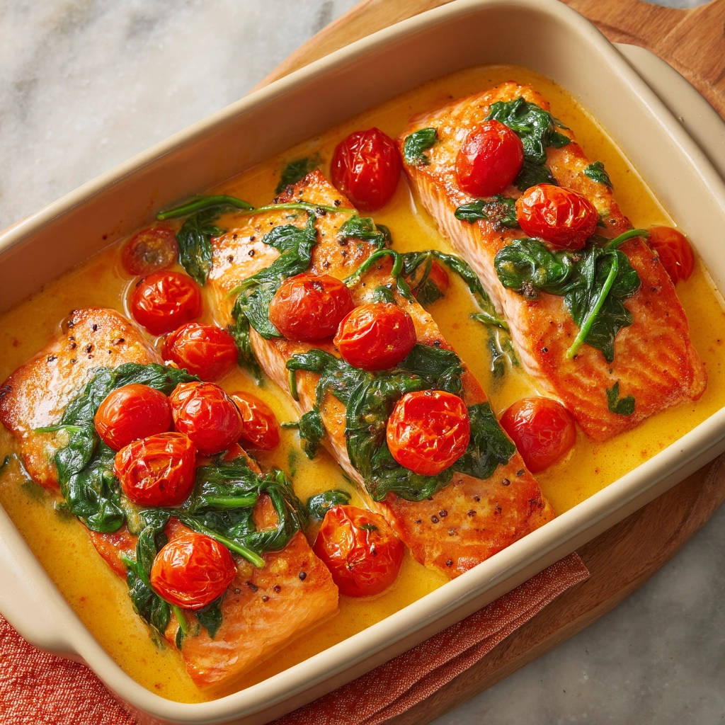 Lachs in cremiger Spinat-Tomaten-Sauce, garniert mit Kirschtomaten und Spinat in einer Auflaufform