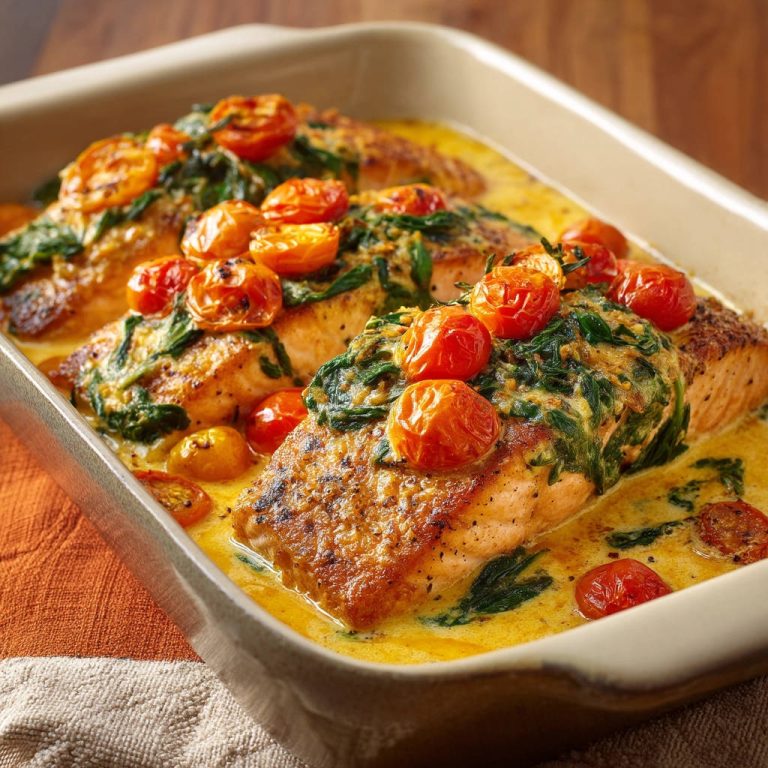 Lachs in cremiger Spinat-Tomaten-Sauce als Nahaufnahme in einer Auflaufform, mit Kirschtomaten und Spinat garniert.