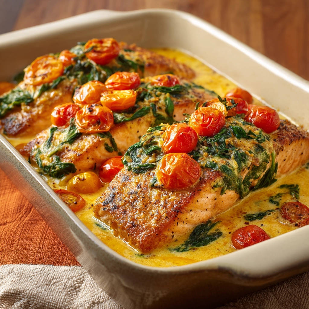 Lachs in cremiger Spinat-Tomaten-Sauce als Nahaufnahme in einer Auflaufform, mit Kirschtomaten und Spinat garniert.