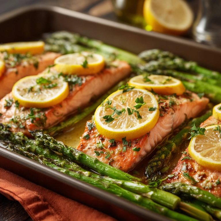 Lachs und grüner Spargel aus dem Ofen mit Zitronenscheiben und Kräutern, detailreiche Nahaufnahme