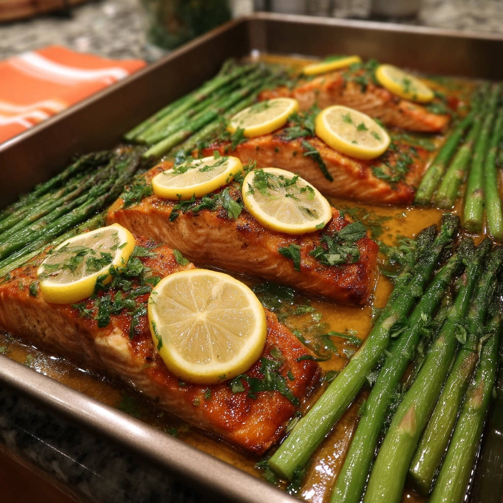Lachs und grüner Spargel aus dem Ofen, garniert mit frischen Zitronenscheiben und gehackter Petersilie in einer Bratpfanne.