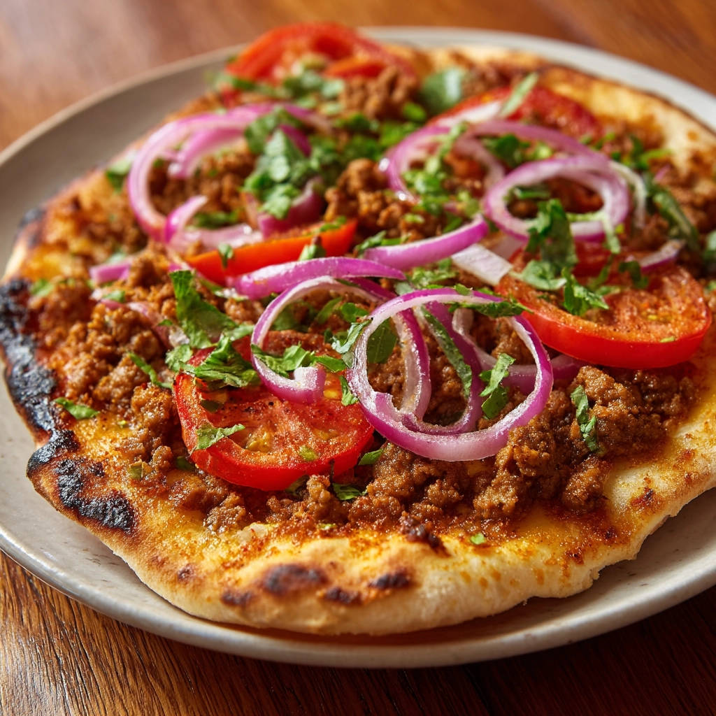 Lahmacun nahaufnahme mit roten Zwiebelringen, Tomatenscheiben und gehackter Petersilie auf knusprigem Teig.