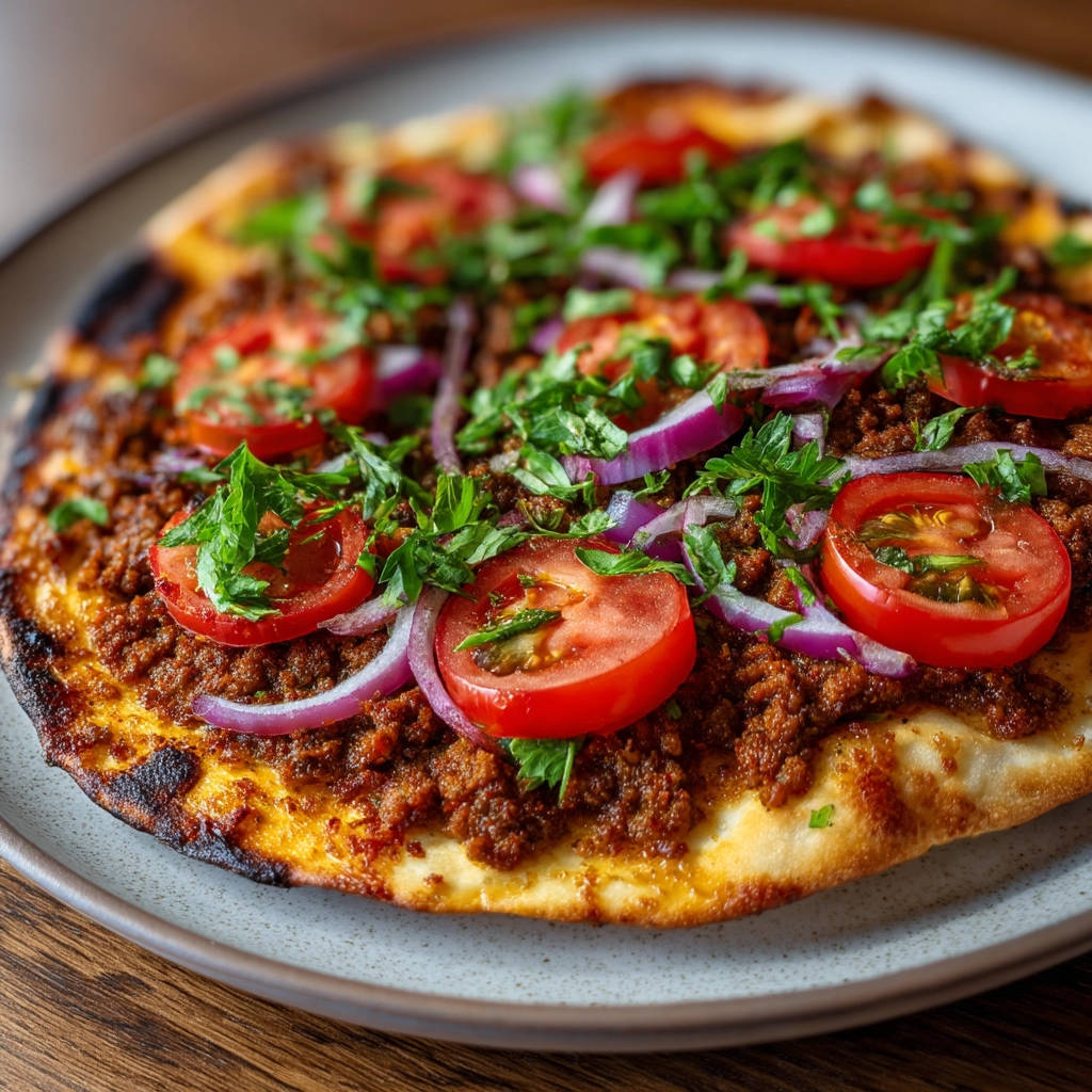 Lahmacun mit einer Nahaufnahme der frischen Tomaten-, Zwiebel- und Petersilienbeläge auf dem knusprigen Teig.