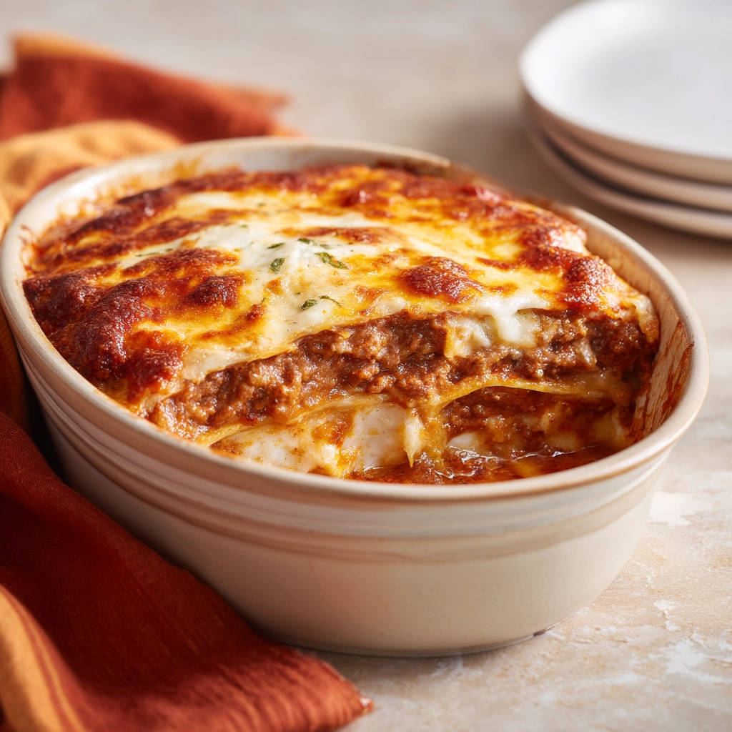 Lasagne Bolognese angeschnitten, die saftige Fleischschicht und die geschmolzene Käseschicht sind gut erkennbar.