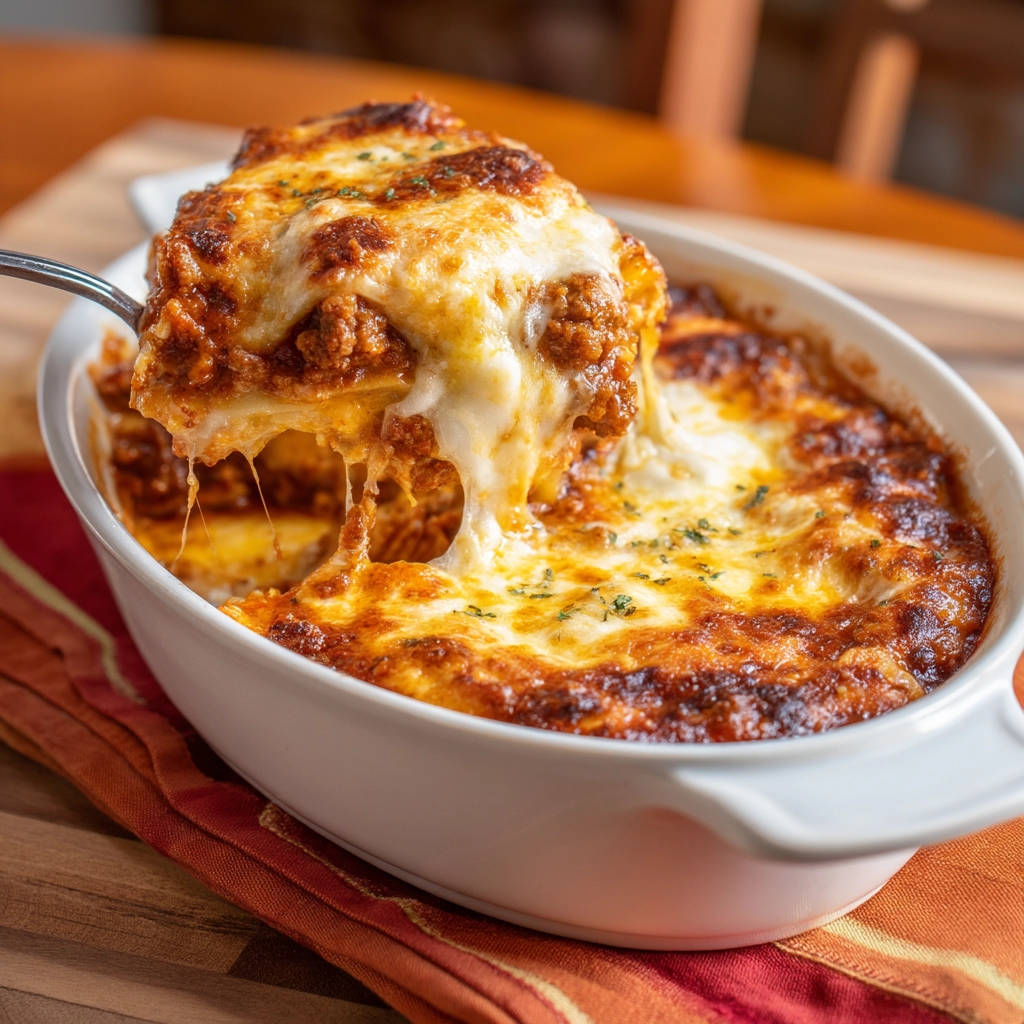 Lasagne Bolognese angeschnitten, die saftige Käseschicht zieht Fäden, serviert im Auflauf.