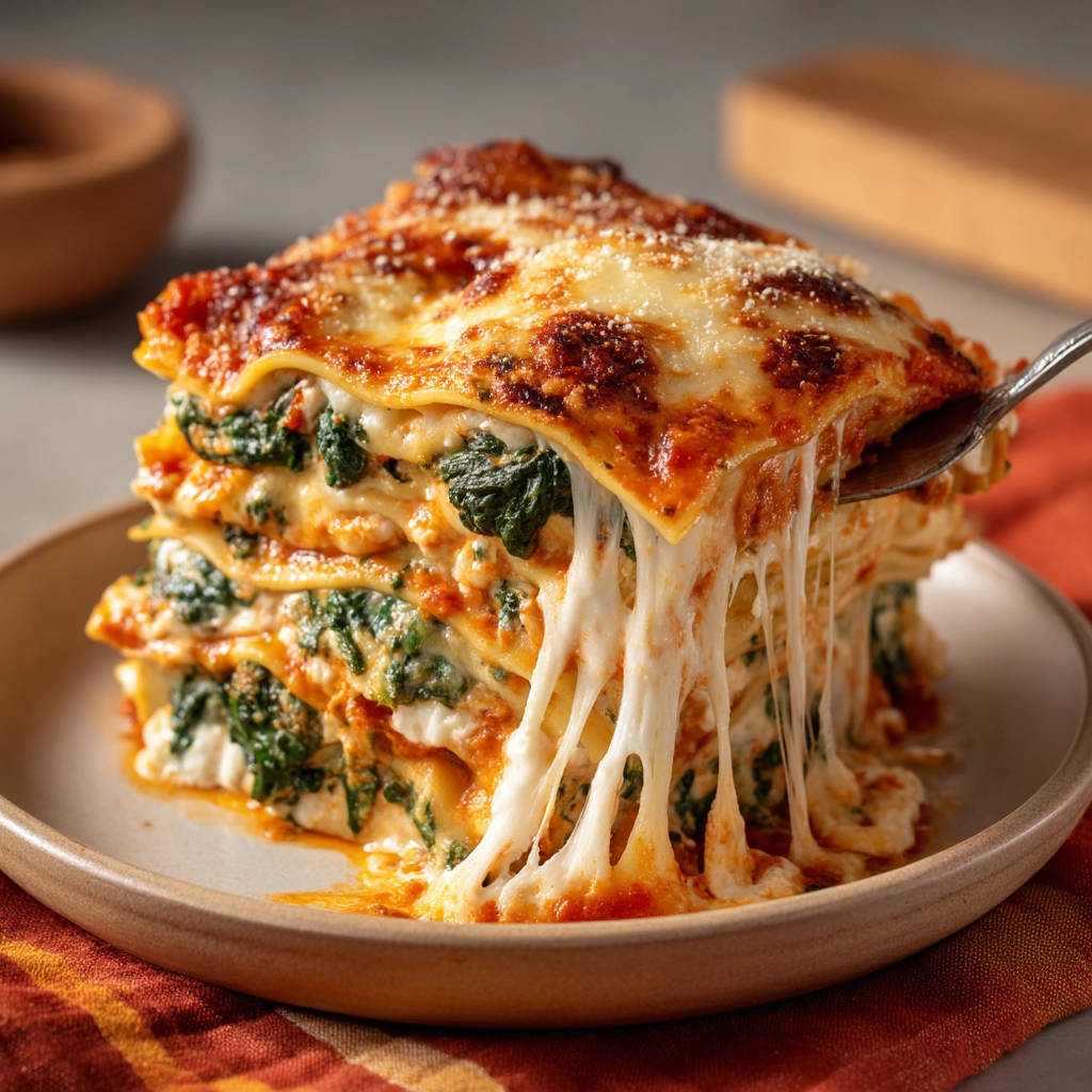 Lasagne mit Spinat und Ricotta, angeschnitten und mit Käse überbacken, zeigt die vielen Schichten des Gerichts.