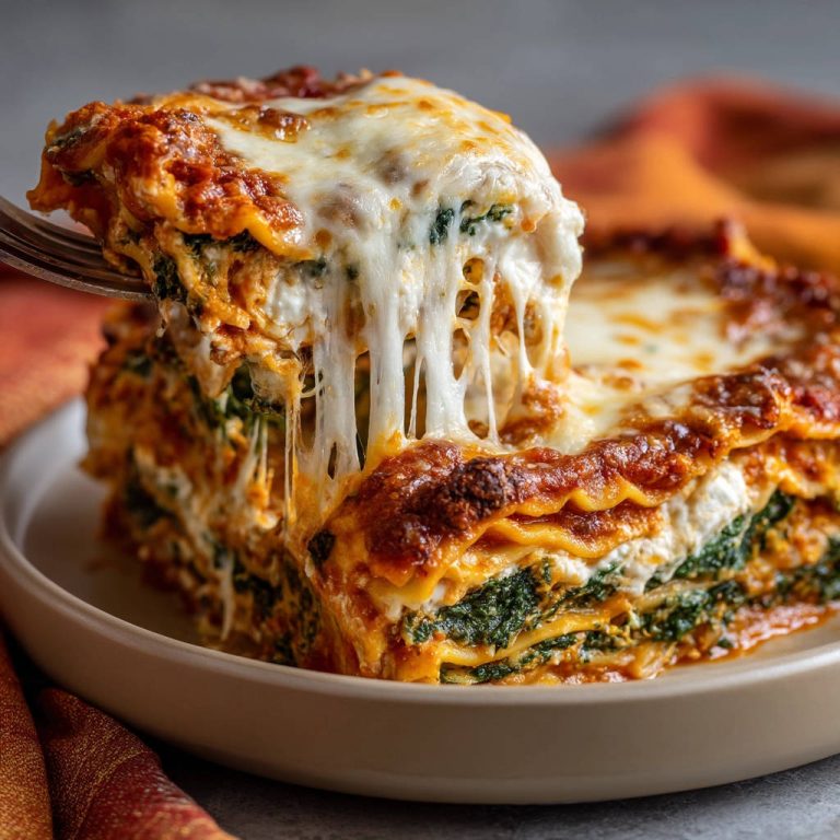 Lasagne mit Spinat und Ricotta, ein angehobener Abschnitt zeigt den saftigen Querschnitt mit geschmolzenem Käse.