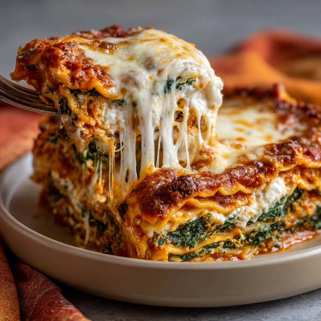 Lasagne mit Spinat und Ricotta, ein angehobener Abschnitt zeigt den saftigen Querschnitt mit geschmolzenem Käse.