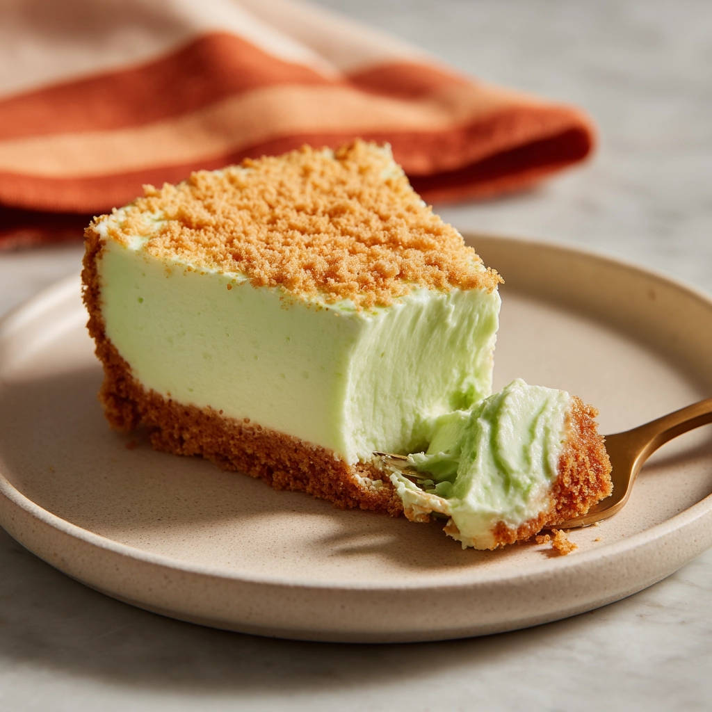 Cremige Limetten-Tarte ohne Backen angeschnitten mit einem goldenen Löffel auf einem Teller, Nahaufnahme der Textur.