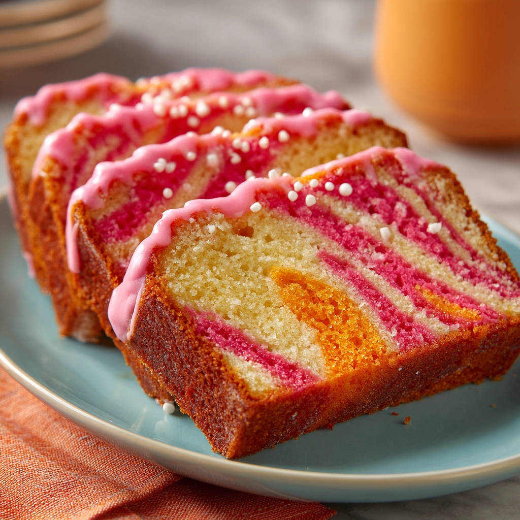 Marmorkuchen mit rosa Swirl, angeschnitten und auf einem blauen Teller serviert, mit Nahaufnahme der bunten Marmorierung.