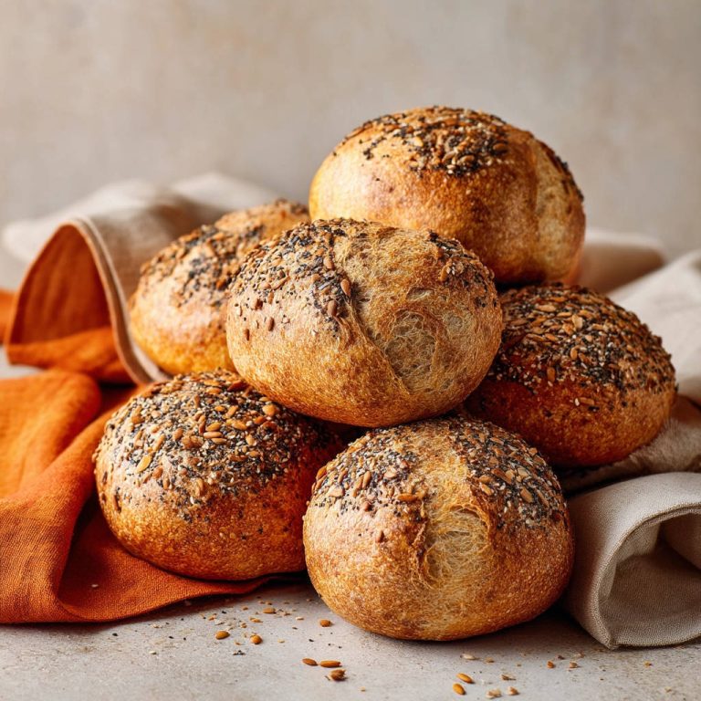 Mehrkornbrötchen mit einer detaillierten Nahaufnahme der knusprigen Saatenkruste, frisch gebacken und locker im Inneren.
