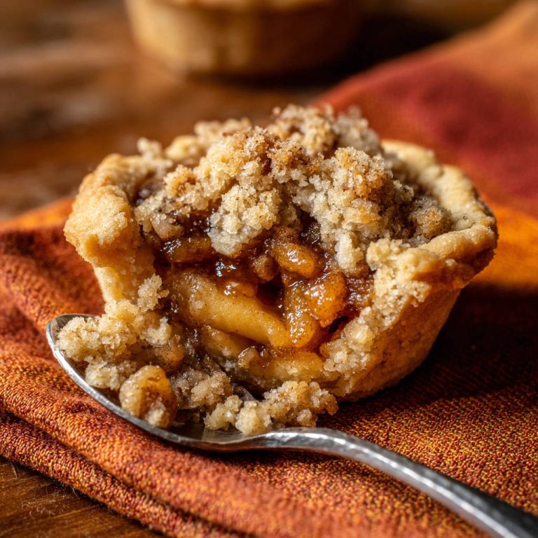 Mini Apfel Crumble Törtchen im Detail mit einem Löffel, der eine Ansicht des Kuchens zeigt.