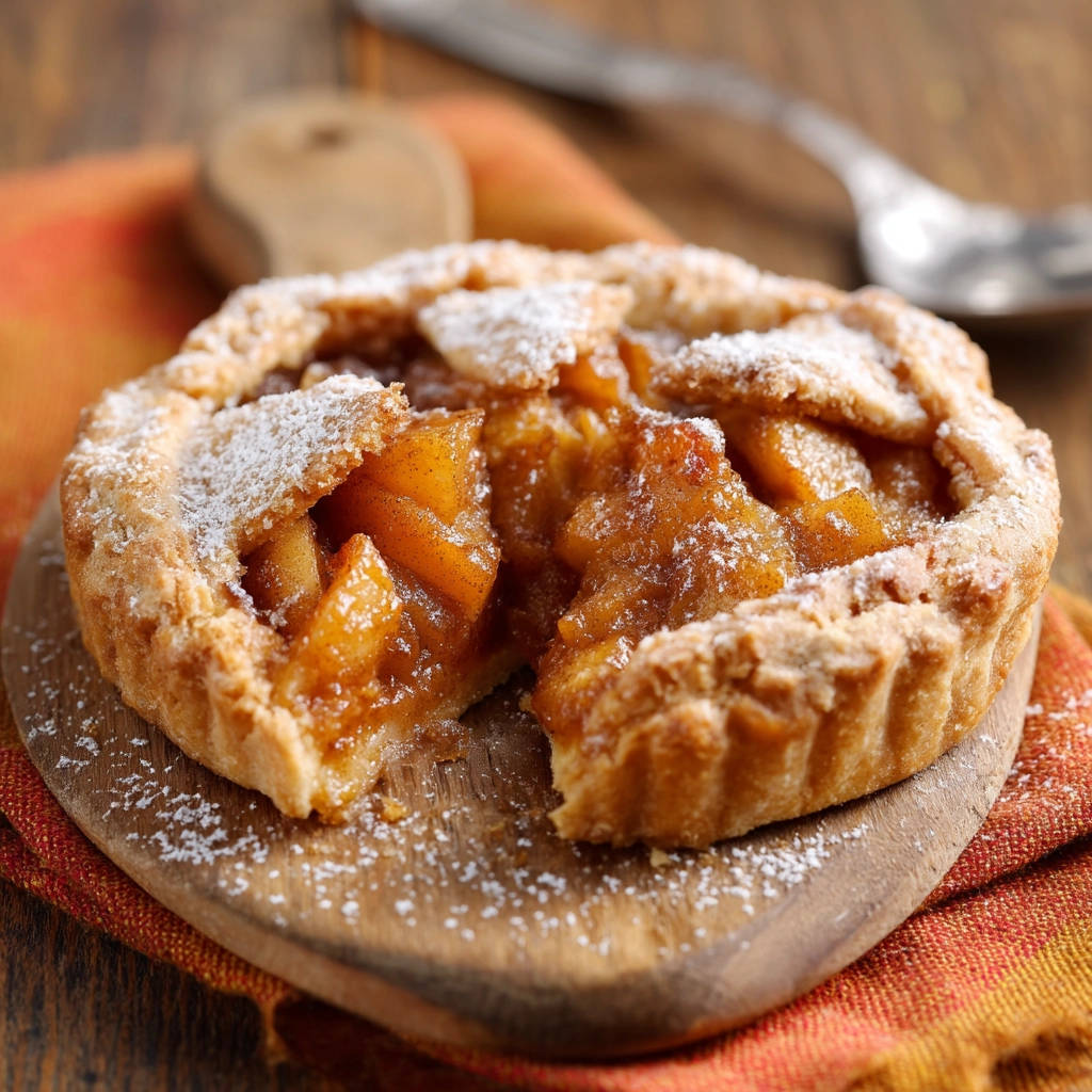 Mini Apfel Crumble Törtchen im Querschnitt, mit saftiger Apfelfüllung und knusprigem Teig, bestäubt mit Puderzucker.