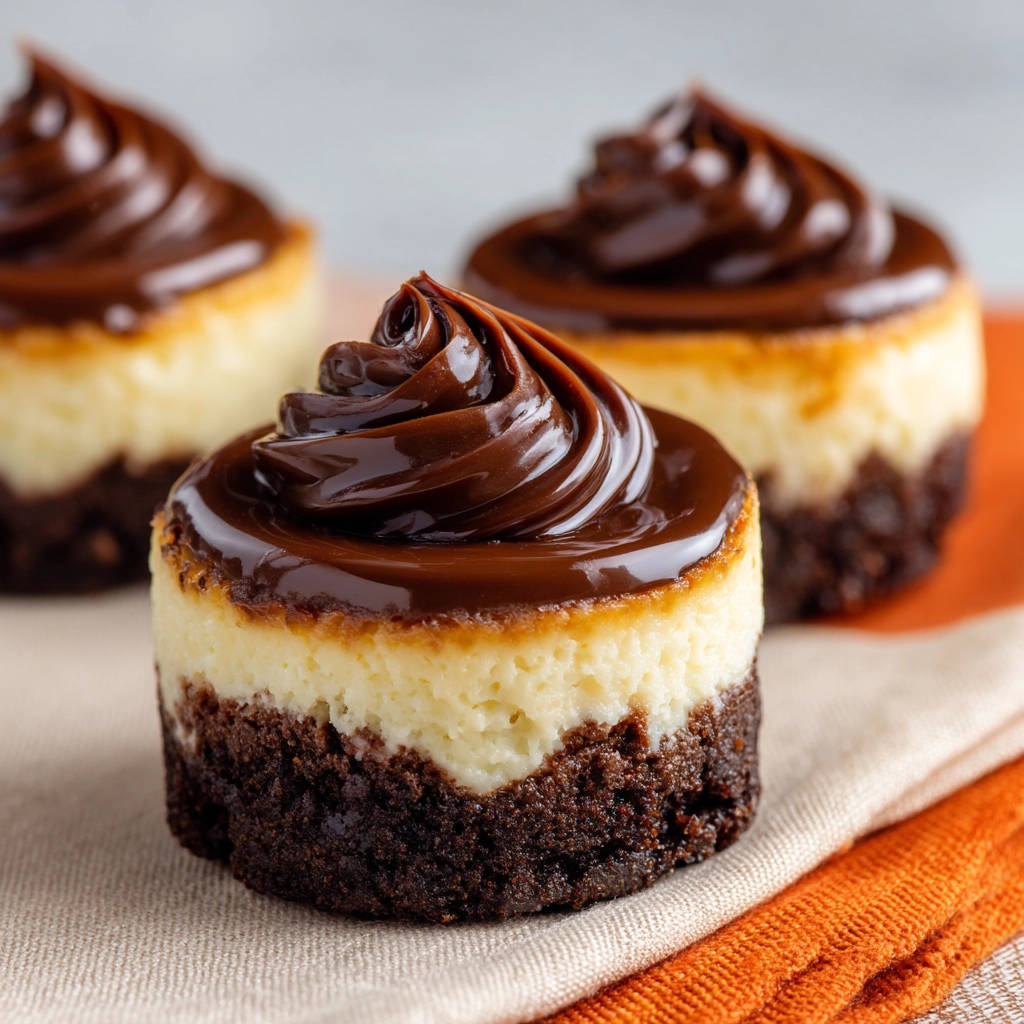 Mini-Schoko-Cheesecakes mit glänzender Schokoladenglasur und einer Swirl-Spitze, Nahaufnahme.