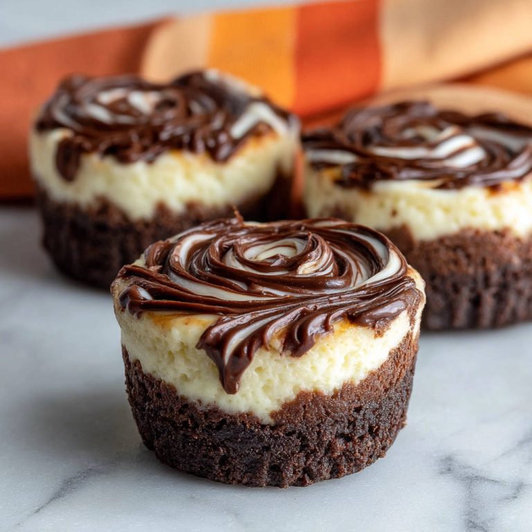 Mini-Schoko-Cheesecakes ohne Risse im Detail mit wirbelnder Schokoladenglasur auf einem Schokoladenboden.