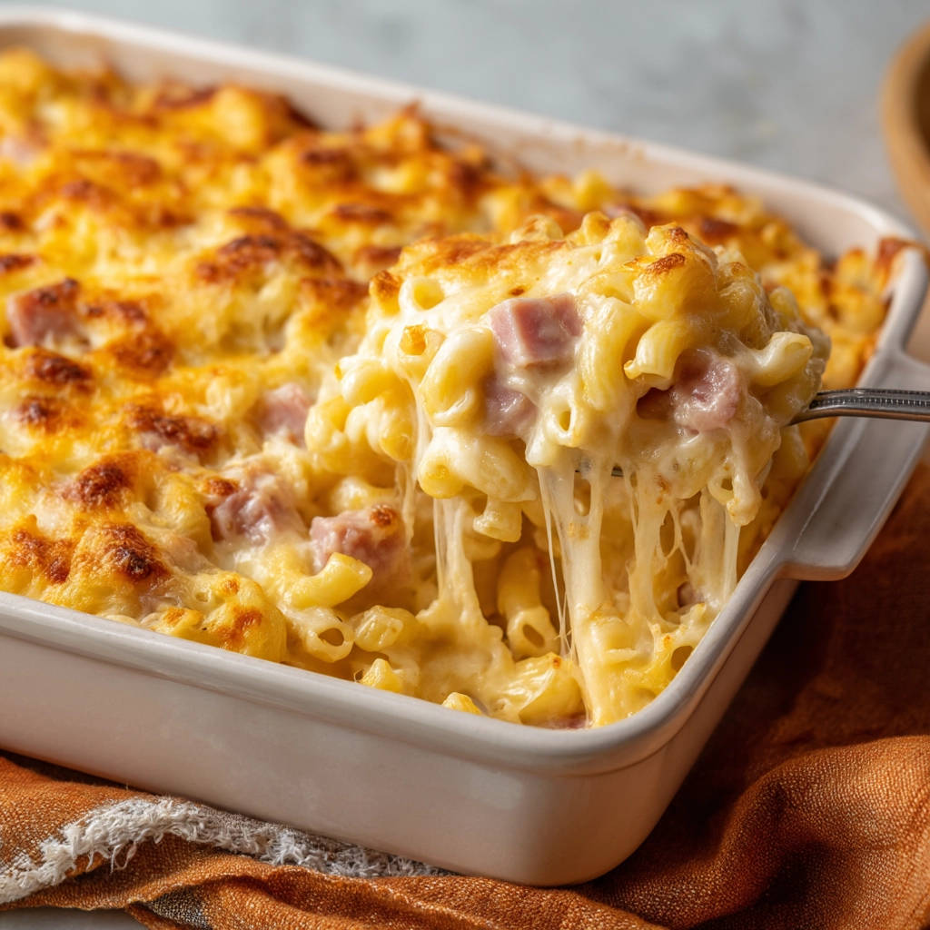 Cremiger Nudelauflauf mit Schinken, der mit langen Käsefäden aus einer Auflaufform gezogen wird.