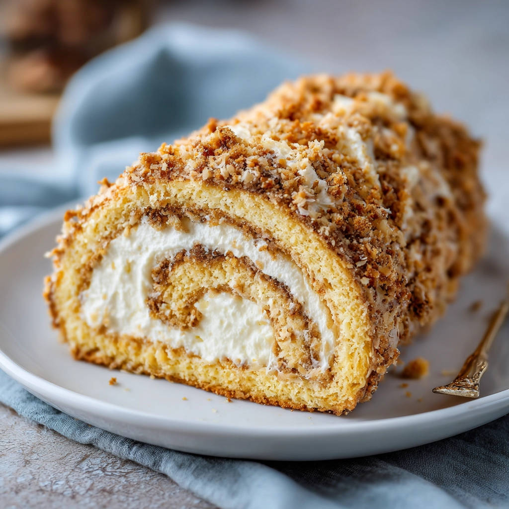 Nuss-Sahne-Rolle mit knusprigem Mandelbelag im Detail, angeschnitten und mit üppiger Füllung sichtbar.