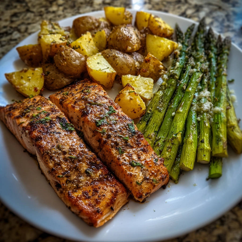 Ofen-Lachs mit Rosmarinkartoffeln und Spargel: Ein auf einem Teller serviertes Gericht mit perfekt zubereitetem Lachs.