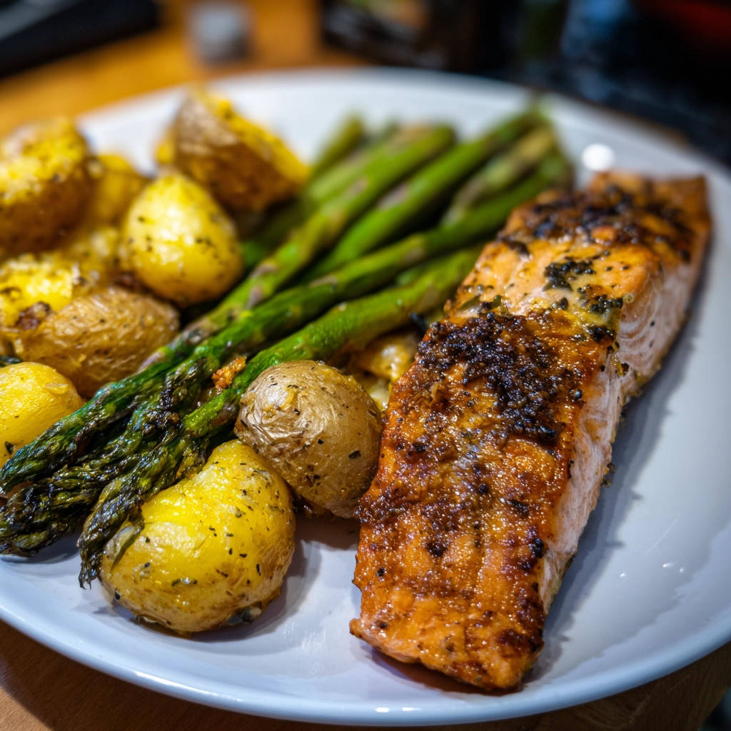 Ofen-Lachs mit Rosmarinkartoffeln und Spargel, eine Nahaufnahme des auf einem Teller servierten Gerichts mit Fokus auf die Textur des Lachses.