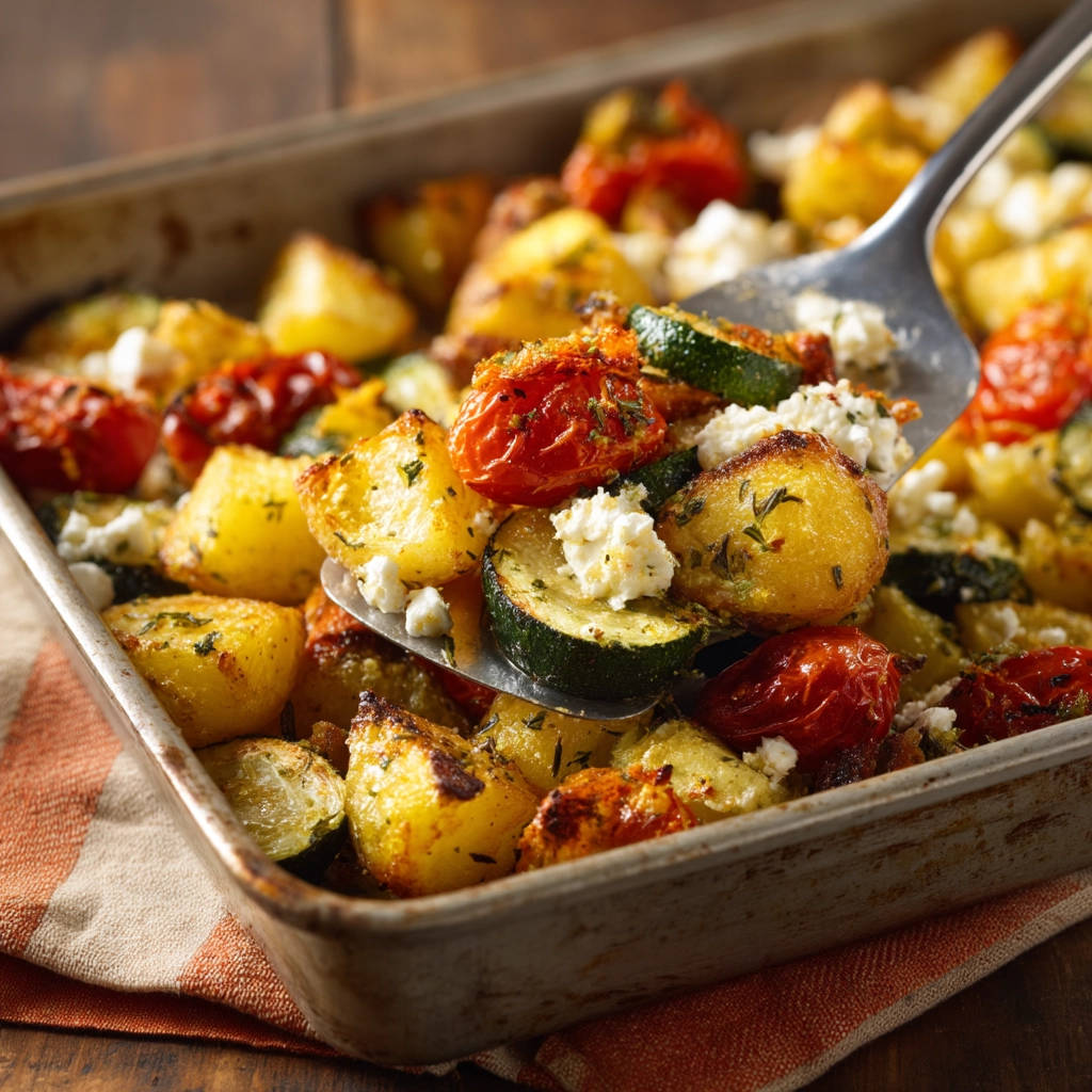 Ofengemüse mit Kartoffeln und Feta, aus einer Metallschale mit einer Schaufel angehoben, zeigt geröstete Kartoffelstücke, Zucchinischeiben und Kirschtomaten, die mit Feta bestreut sind.
