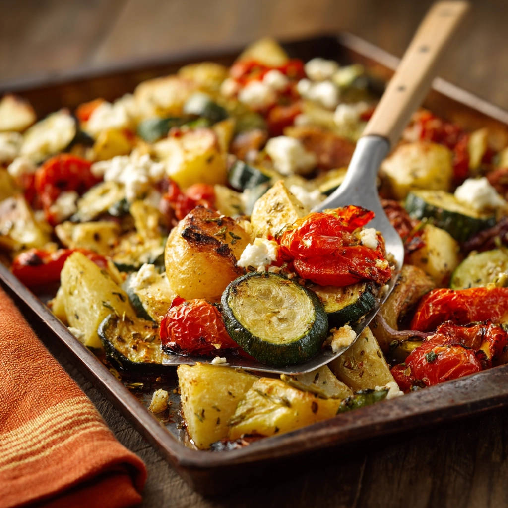 Ofengemüse mit Kartoffeln und Feta auf einem Löffel aus der Auflaufform aufgenommen, mit Fokus auf die gerösteten Zutaten.