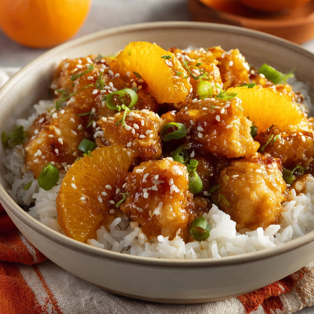 Orangenhähnchen mit Reis, nah aufgenommen und mit Orangenscheiben und Frühlingszwiebeln garniert, serviert in einer Schüssel.