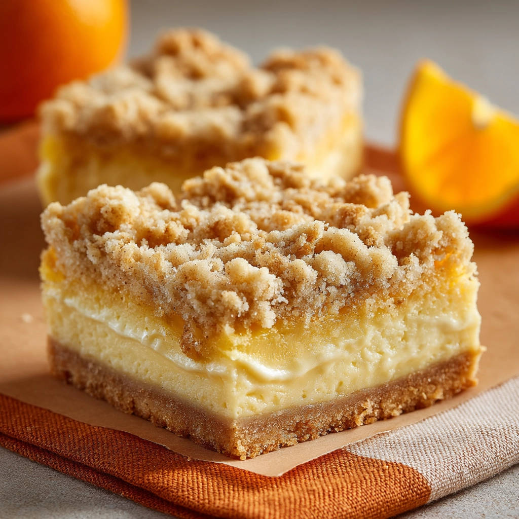 Orangen-Streusel-Käsekuchen angeschnitten auf einem bunten Tuch, zeigt die cremige Füllung und Krümel-Topping.