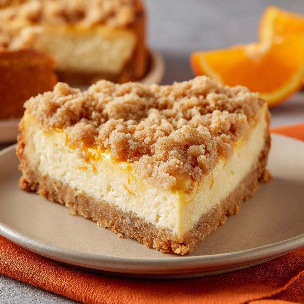 Orangen-Streusel-Käsekuchen angeschnitten auf einem Teller mit Streuseln und cremiger Füllung, daneben Orangenscheiben.
