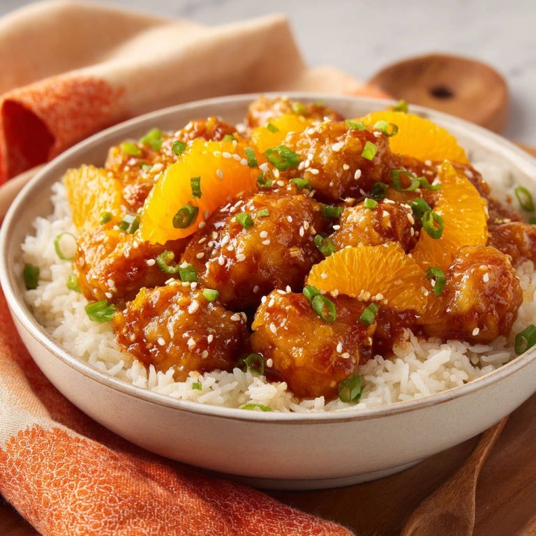 Orangenhähnchen mit Reis, Nahaufnahme einer Portion mit Orangenscheiben und Sesamkörnern als Garnitur.