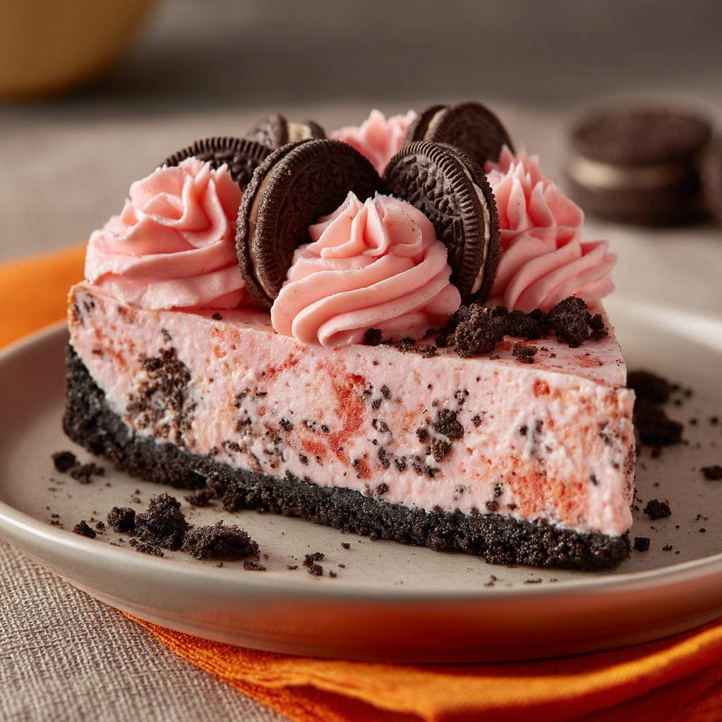 Oreo-Erdbeer-Cheesecake angeschnitten auf einem Teller, garniert mit rosa Creme und ganzen Keksen.