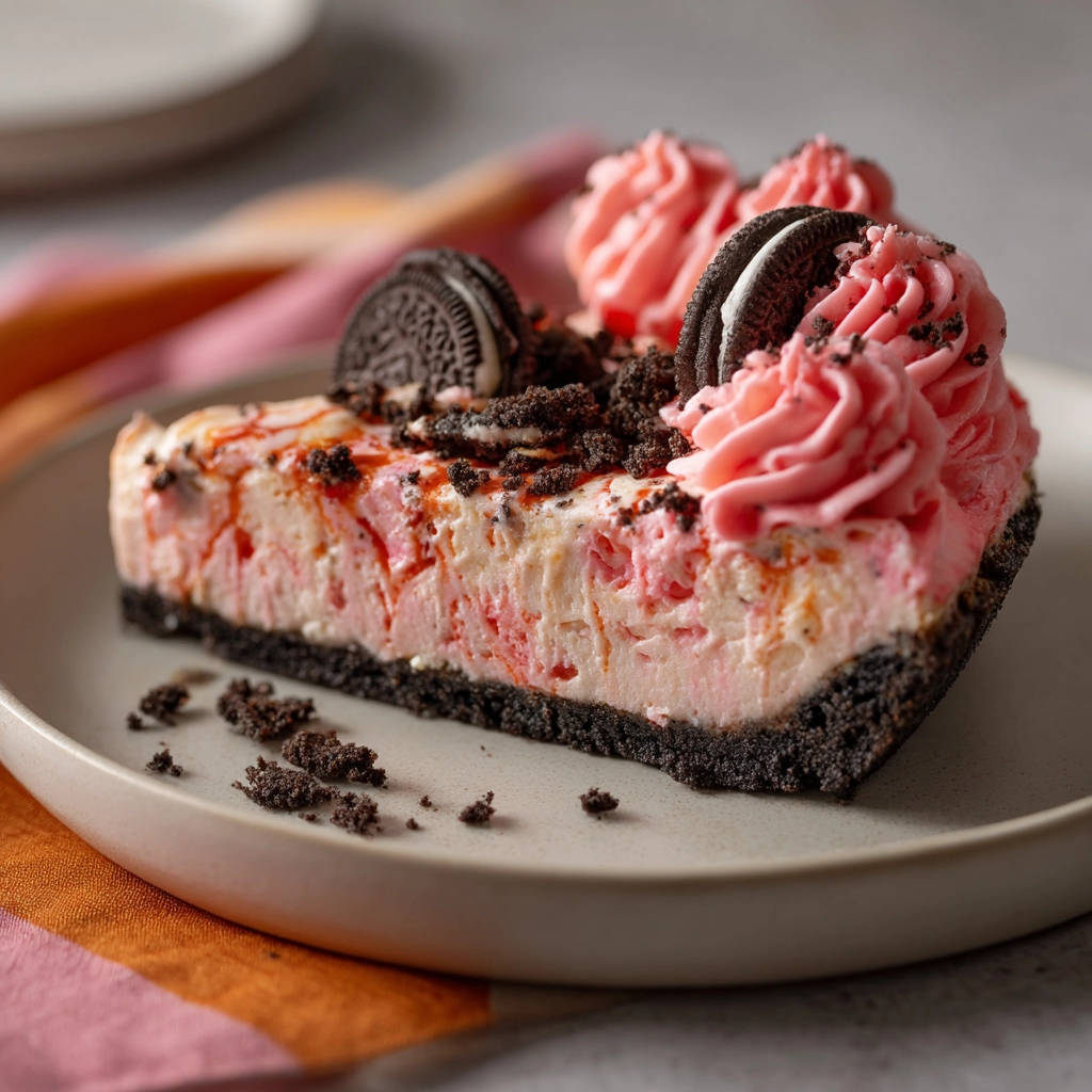 Oreo-Erdbeer-Cheesecake als angeschnittene Scheibe mit rosa Tupfen, Oreo-Krümeln und ganzen Oreos dekoriert.