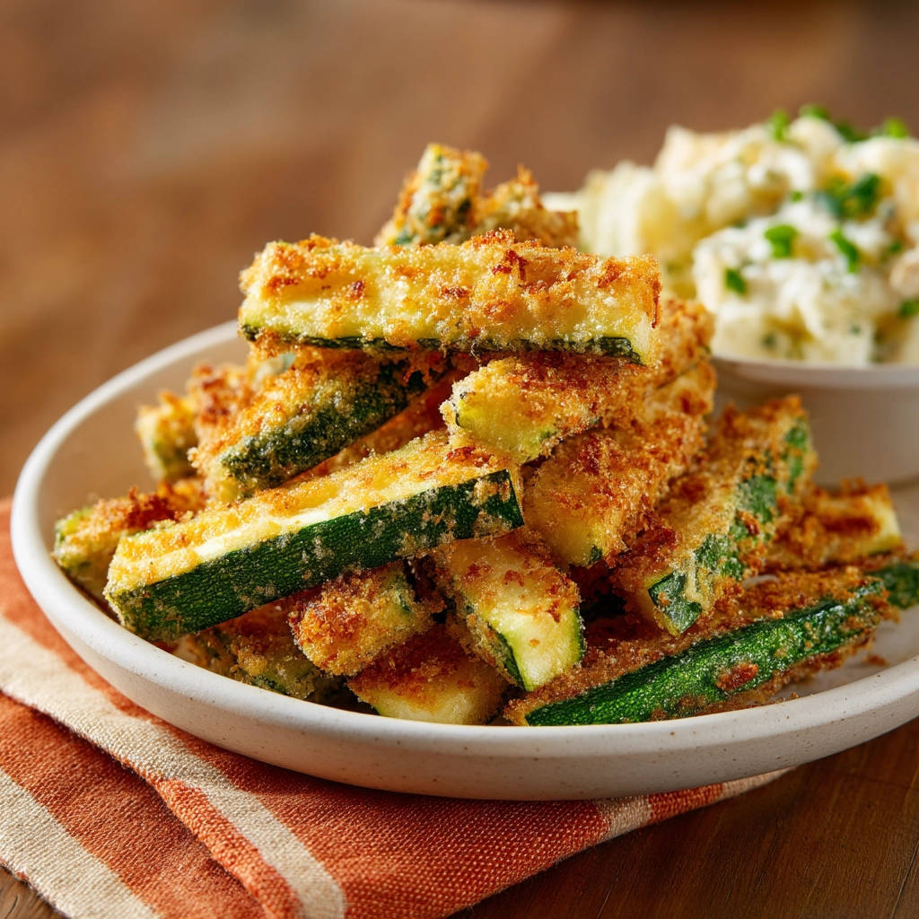 Panierte Zucchinistreifen, detailnah aufgenommen, zeigen die knusprige Panade und das frische Grün der Zucchini.