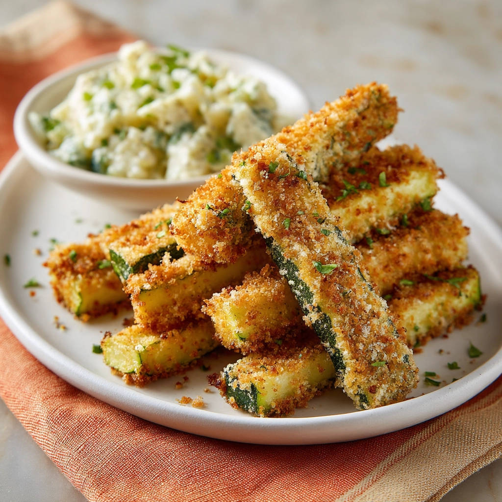 Panierte Zucchinistreifen perfekt knusprig auf einem Teller mit Dip und Kräutern garniert serviert