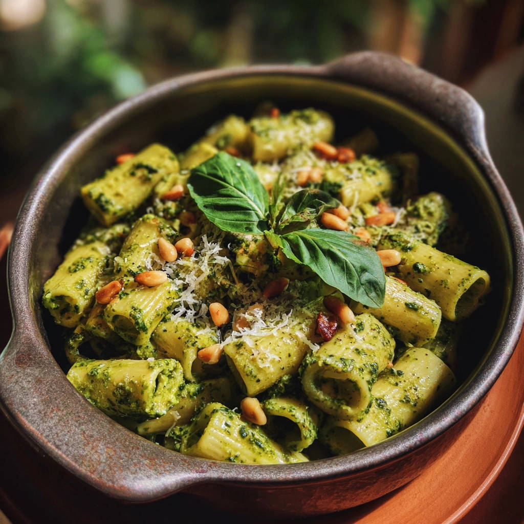 Pasta mit cremigem Pesto Genovese, nah aufgenommen mit Pinienkernen und Basilikum garniert im rustikalen Serviergefäß.