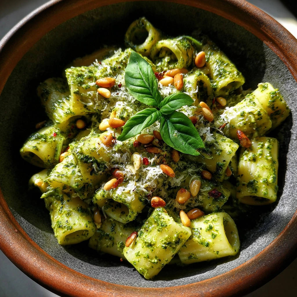 Pasta mit cremigem Pesto Genovese, nah aufgenommen und mit Pinienkernen und Basilikum garniert, zeigt die Textur der Nudeln und Sauce.