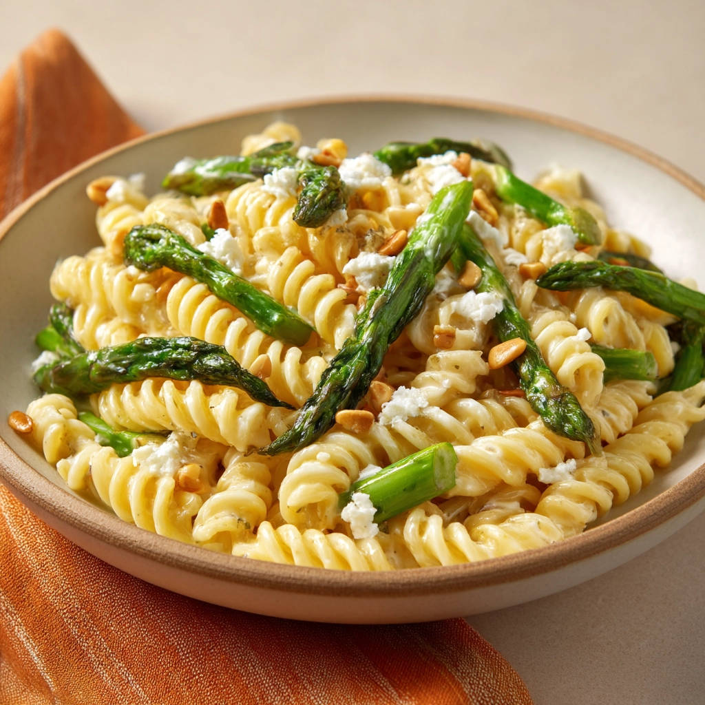 Pasta mit grünem Spargel und Feta als Nahaufnahme mit zarten Spargelspitzen und zerbröseltem Käse.
