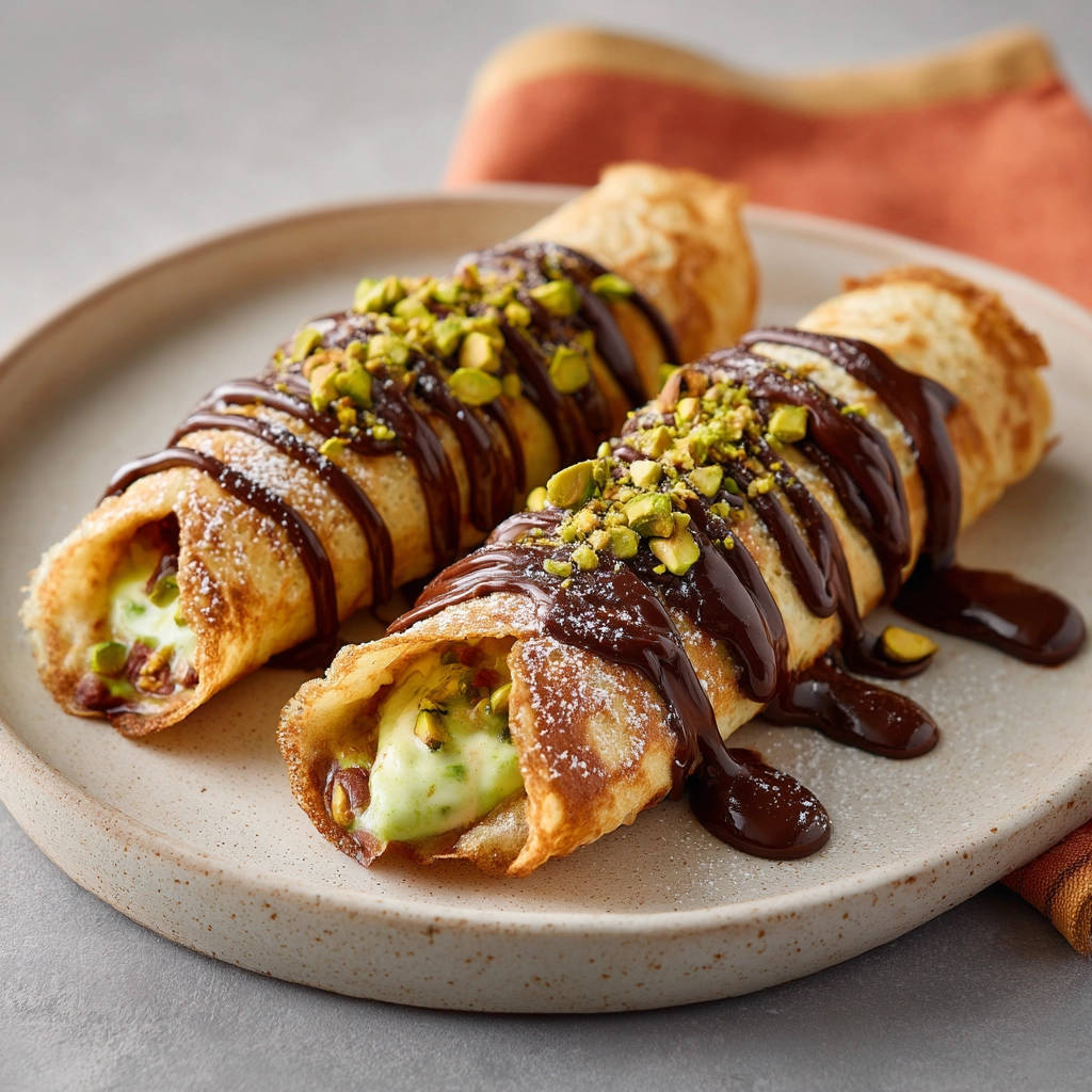 Pfannkuchen-Röllchen mit Pistaziencreme und Schokolade, nahaufnahme der gerollten Pfannkuchen mit Schokoladenglasur und gehackten Pistazien.